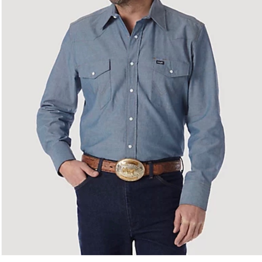 Wrangler Long sleeve twill solid snap chambray blue western work shirt